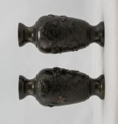 Pair Of Small Oriental Bronze Vases. Floral Design With Birds. Height 6¼ Inches,  Late 19th Early