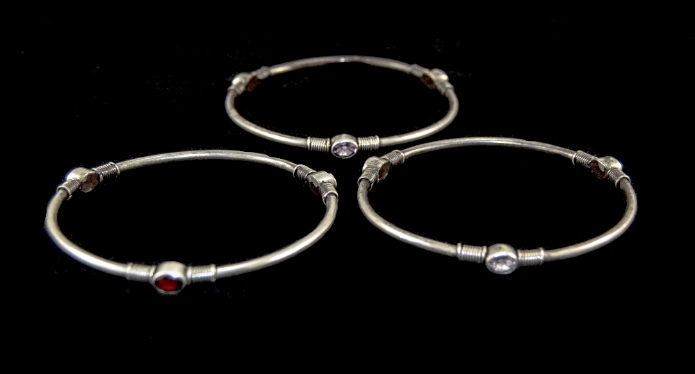 A Vintage Set of 3 Silver Bangles, All Set With Amethyst and Marked Silver.