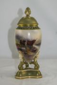 Royal Worcester Hand Painted Lidded Tripod Vase with Reticulated Border, Signed Harry Stinton,