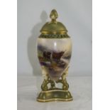 Royal Worcester Hand Painted Lidded Tripod Vase with Reticulated Border, Signed Harry Stinton,
