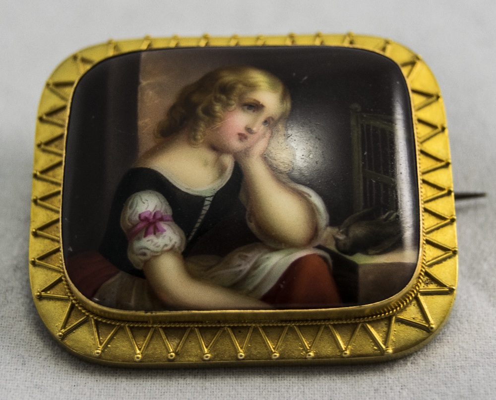 A 19th Century Very Fine Continental Hand Painted Ceramic Brooch /  Pendant within a High Ct Gold