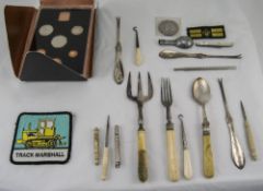 Small Mixed Lot Comprising Coins, Fruit Knife, Toast Fork, Lobster Picks Etc.