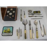 Small Mixed Lot Comprising Coins, Fruit Knife, Toast Fork, Lobster Picks Etc.