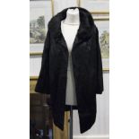 Black Silky Faux Fur Long Jacket, similar to seal fur, hook and loop fastening, slit pockets,