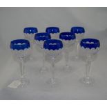 Set Of 8 Crystal Glasses With Colbalt Blue Rim,