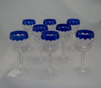 Set Of 8 Crystal Glasses With Colbalt Blue Rim,