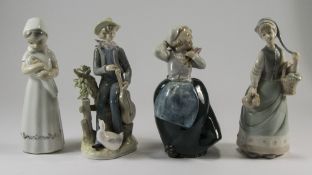 Collection of Four Unmarked Lladro Style Figures. Various sizes and poses.