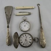 Small Mixed Lot Comprising Mother Of Pearl Handled Fruit Knife Plus One Other, 2 Pocket Watches,