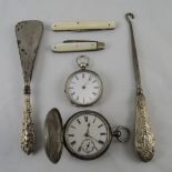 Small Mixed Lot Comprising Mother Of Pearl Handled Fruit Knife Plus One Other, 2 Pocket Watches,