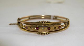 Victorian 9ct Gold Hinged Bangle The Front Set With Alternating Rubies And Rose Cut Diamonds In A