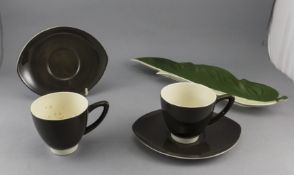 Carlton Ware Set of Two Dark Grey Cups and Saucers. Together with a leaf shape tray.