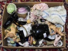 Box Containing A Mixed Selection Of Pottery, Ornaments, Figures, Oriental Style Etc.