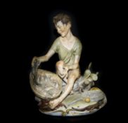 Capodimonte Signed Figure of a Fisherboy, shown seated on a rocky wall, with a large basket of