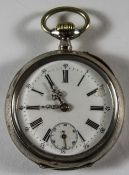 1920's Silver Cased Swiss / French Open Faced Pocket Watch, White Porcelain Dial, Cylindrical,