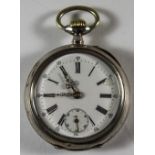 1920's Silver Cased Swiss / French Open Faced Pocket Watch, White Porcelain Dial, Cylindrical,
