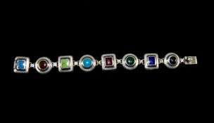 A Vintage and Quality Silver Multi - Colour Stone Set Bracelet. Marked 925. 8 Inches In Length.