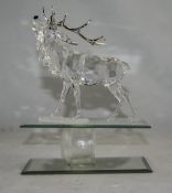 Swarovski - Large Crystal Figure of a Stag, with Silver Tone Metal Antlers, The Nose In Jet,