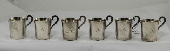 Swedish Retro Silver Set of Six Drinking Tots of Plain Form with Scroll Handles.