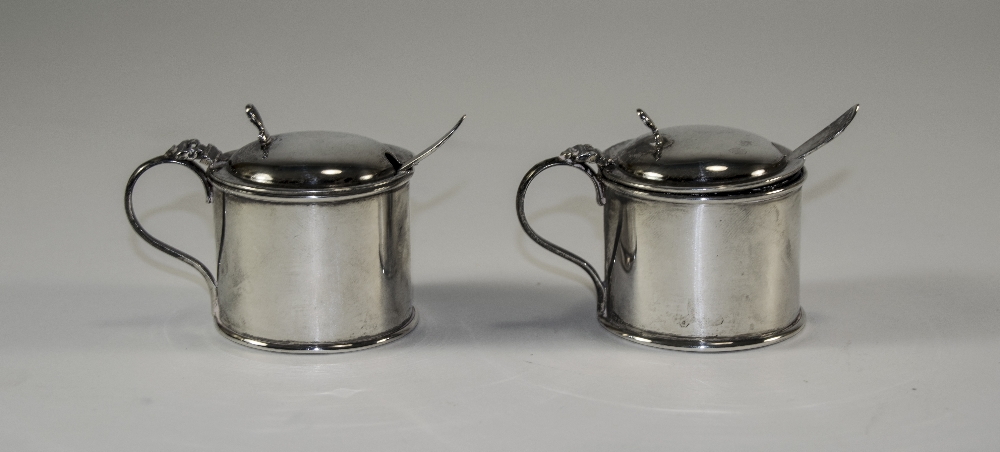 Edwardian Pair of Silver Lidded Mustard Pots, Complete with Blue Liners and Spoons.