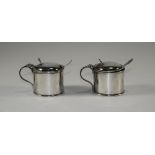 Edwardian Pair of Silver Lidded Mustard Pots, Complete with Blue Liners and Spoons.