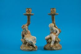 Royal Worcester Pair of Pastel Shaded Figural Candlesticks,