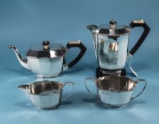 Art Deco Fine Quality 4 Piece Silver Coffee and Tea Service, The Handles of Ebony and Ivory.