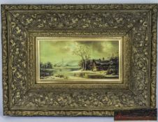 Mid 20th Century European Signed Painting ' Winter Landscape ' Skaters on a Frozen Lake - Oil on