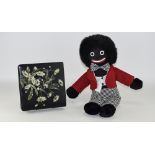 Black Boy Soft Toy. Together with a Papier Mache Jewellery Box with Bird Decoration.
