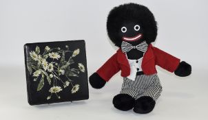 Black Boy Soft Toy. Together with a Papier Mache Jewellery Box with Bird Decoration.