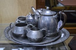 Collection Of Planished Pewter To Include An Oval And Round Tray, 2 Sugar, 2 Cream, Coffee Pot,