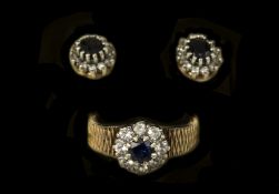 A Ladies 9ct Gold Set Sapphire and Diamond Cluster Ring with Matching Pair of 9ct Gold Set Earrings,