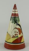 Clarice Cliff Hand Painted Conical Shaped Sugar Sifter ' Red Roofs ' Pattern, Bizarre Range. c.1931.