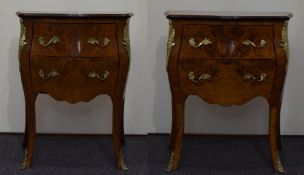 A Louis XV Style Pair of Kingwood Walnut Veneered and Ormolu Mounted Bombe Petite Commodes,