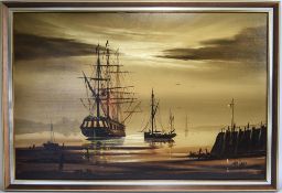 Tom Gower Framed Picture. Depicting Ship Scene at Night. Signed "Tom Gower" to Lower Right. 26.