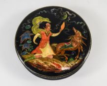 A Vintage Russian Signed and Hand Painted Lidded Circular Lacquered Box.