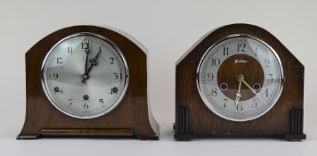 Two Oak Cases Mantle Clocks. Both with Silvered Dials and Arabic Numerals. Circa 1930's. 8.5 and 8.