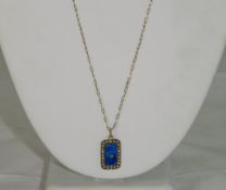 Antique 14ct Gold Set Blue Enamel and Pearl Pendant of Rectangle Shape, Attached to a 9ct Gold