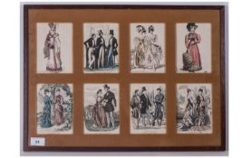 8 Antique Coloured Fashion Prints In Glazed Frame, Mounted. French Fashions Dated 1824 to 1878. Size