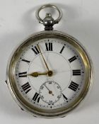 A Silver Open Faced Key wind Pocket Watch, with White Dial and Black Roman Numerals.