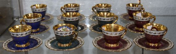 Limoges France, Set Of 12 Coloured Coffee Cups And Saucers,