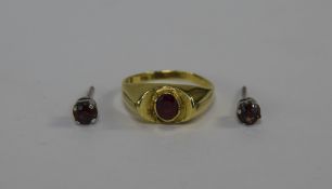 14ct Gold Gemset Ring Set With Small Off Oval Faceted Ruby Together With A Pair Of Gemset Earrings