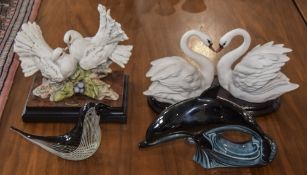 Two Florence Giuseppe Armani Ceramic Figures, Swans and Birds. Raised on Wooden Plinths.