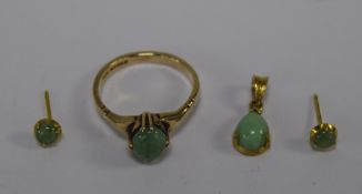 9ct Gold Ring, Pendant And Earring Set, Each Set With Jadeite Cabochon Stones,