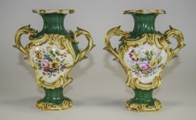 Minton Fine Pair of Twin Handle Vases, Decorated with Painted Images of Exotic Birds,