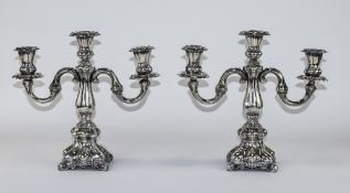 A Fine Pair of Impressive Antique Silver Plated 3 Branch Candlesticks, In The Georgian Style.