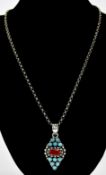 A Nice Quality Silver Marquise Shaped Turquoise Set Pendant Drop, Attached to Silver Belcher Chain.