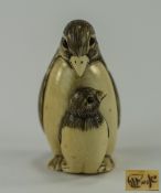 Japanese - Very Fine Carved 19th Century Signed Ivory Netsuke of a Mother Penguin and Baby.