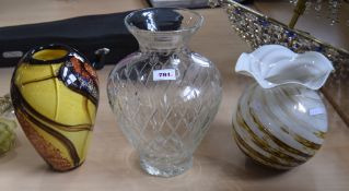 Three Assorted Glass Vases. Including Two Coloured Glass and One Clear Bulbous Shaped Glass Vase.