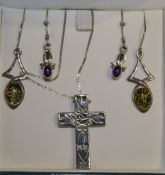 Silver Pendant Cross And Chain Together With 2 Pairs Of Stone Set Earrings