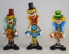 Murano 1960's Multicoloured Glass Figures of Clowns. Tallest Figure 9.75 Inches Tall.